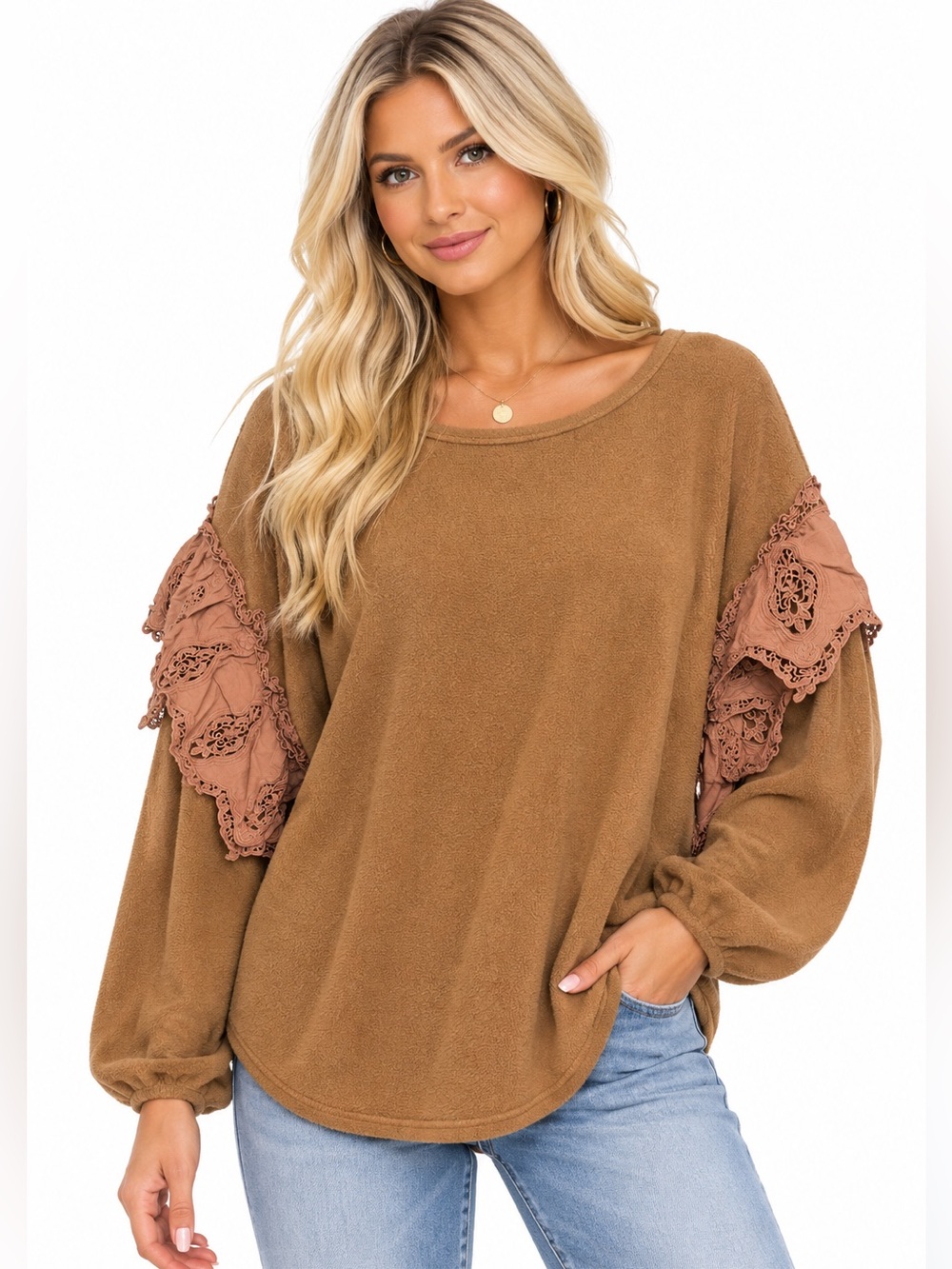 Entro Size Large Women’s Brown Eyelet Ruffle Puff Sleeve Pullover Top